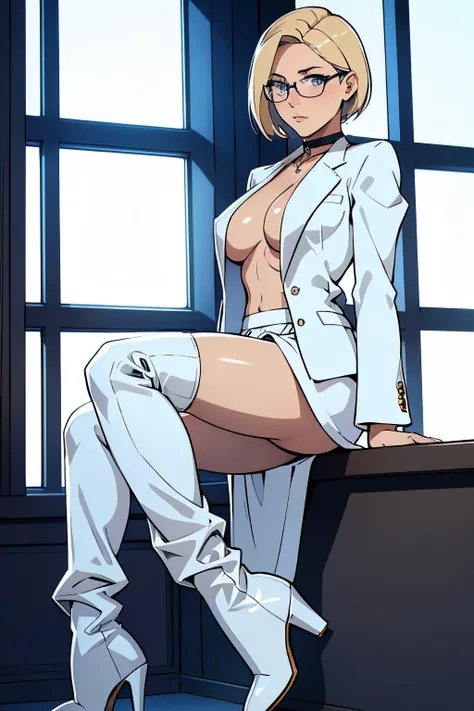 female, short straight blonde hair, blue eyes, white suit jacket, white skirt, long white high heel boots, black choker, no t shirt, medium boobs, glasses, blushing, in front of a window