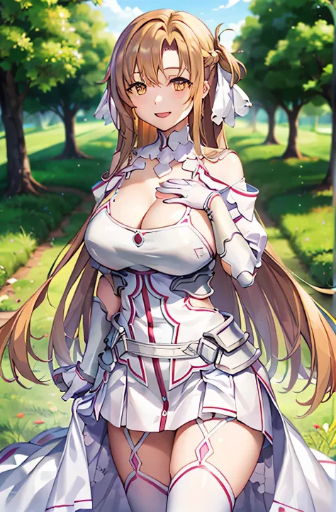 stacia, asuna, asuna_(sao), 1girl, (sexy pose:1.2), fantasy, highres,  original, realistxcite), scenery,  close_up, upper_body, (standing on a grass), smiling, solo, (potruding nipple:1.2), long hair, (huge breasts:1.0), looking at viewer, smile, open mout...