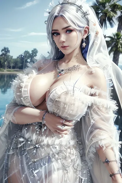 1个Giant Breast Girl,Elise,(bejeweled evening gown:1.3),(Off-white tulle_robe:1.5),Tattooed with,鎖骨,gigantic cleavage breasts,tmasterpiece, Best Picture Quality,of a real, detailed,8K，number art,detailed头发,(of a realistic, photo-of a realistic:1.37),Amazing...