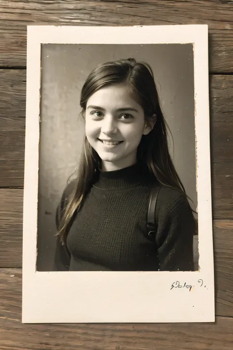 [old picture] [masterpiece] A very strapped old portrait of a teenage student girl smiling into the camera with her friends, german appearance, damaged quality photo elements, old camera style photo, polaroid old photo style, old colors, old paper textured...