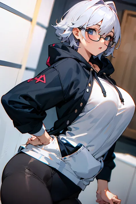 hoodie big breasts glasses shortcut tights