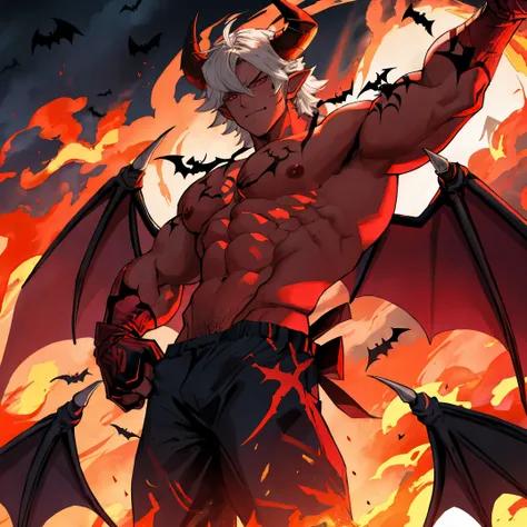 Incubus, horns, fire, bat wings, muscular