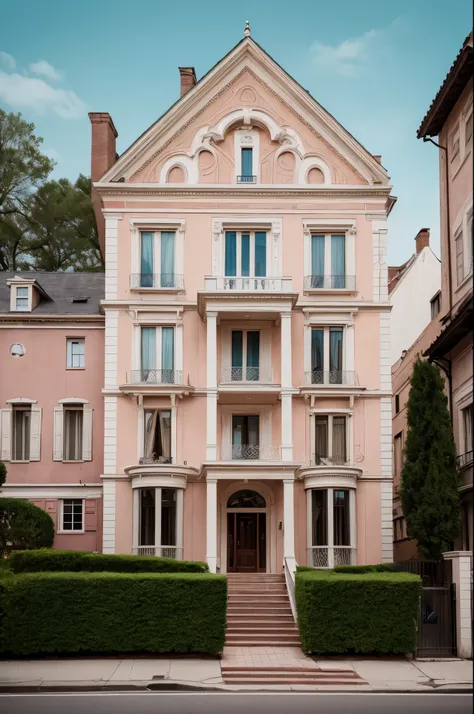 vogue photoshoot of a glamorous house exterior in Wes Anderson style