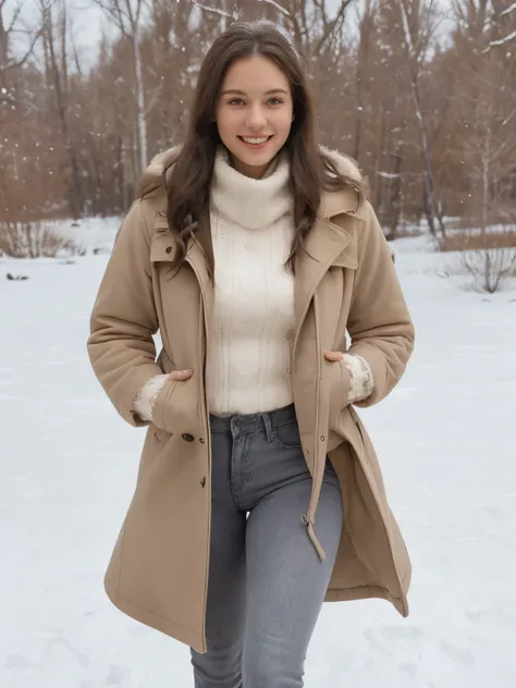 Ultra realistic, photo quality image. A woman walking in arctic woodland with heavy snow on the ground. (woman, 22 years old, beautiful English woman, long brunette hair, brown eyes, 168cm tall, perfectly proportioned, smiling. She is wearing a  light brow...