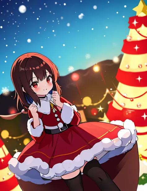 Megumin, red eyes, cabelos curto, cabelo castanho, Santa Claus Christmas outfit, em casa, perto da lalaleira, hands crossed, com vergonha, presentes de natal, white christmas tree, beautiful hands and feet.