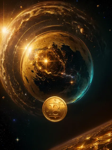 Create a surreal logo using artificial intelligence. Picture golden coins floating ethereally in the vastness of the galaxy. Strive for maximum quality, emphasizing advanced levels of detail to convey the sense of cosmic infinity and prosperity.