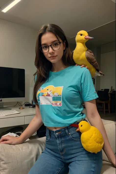 The image shows a woman architect wearing glasses, gordinha, cabelos curtos pretos e encaracolados, quadril largo, red sneakers, shorte jeans azul, blusa branca, working in office with computer, visto na frente da mesa tipo industrial, with a yellow stuffe...