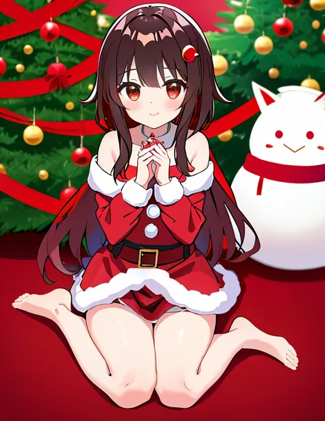 Megumin, red eyes, cabelos curto, cabelo castanho, Santa Claus Christmas outfit, em casa, perto da lalaleira, hands crossed, com vergonha, presentes de natal, white christmas tree, beautiful hands and feet.