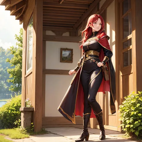 Full body portrait of Ileosa Arabasti from the Pathfinder Roleplaying Game, flowing mid-length red hair, wearing commoner clothes with boots, on the porch of a country house, serene expression, looking at the horizon, solo character