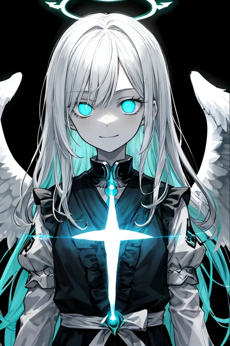 Best Quality、masutepiece、Ultra-detailed、face perfect、Extremely detailed、Extremely delicate、1 boy, (Scary), Angel, Gorgeolanche&#39;The halo), Dark, Glowing eyes, Light blue eyes, Angel wings,  holy, , blancheのチュニック, two ふしだらなblanche angel wings, which are ...