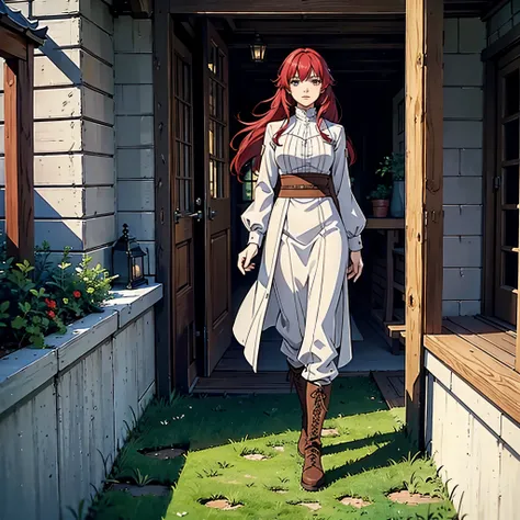 Full body portrait of Ileosa Arabasti from the Pathfinder Roleplaying Game, flowing mid-length red hair, wearing commoner clothes with boots, on the porch of a country house, serene expression, looking at the horizon, solo character