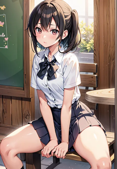 Anime girl sitting on a bench in front of a blackboard, beautiful anime high school girl, a hyperRealistic Schoolgirl, Smooth Anime CG Art, hyperRealistic Schoolgirl, Realistic Schoolgirl, beautiful anime girl squatting, Seductive Anime Girl, Anime visuals...