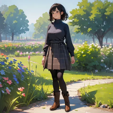 (High quality, High resolution, Ultra-detailed, Realistic:1.37), peaceful ambiance, (plein air, garden), Teenage girl standing alone, (My breasts are big.), Beautiful detailed features, Cute smile, (Black bob hair), Ribbed sweater, blue plaid skirt, Black ...