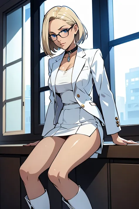 female, short straight blonde hair, blue eyes, white suit jacket, white skirt, long white high heel boots, black choker, no t shirt, medium boobs, glasses, perfect face, blushing, in front of a window