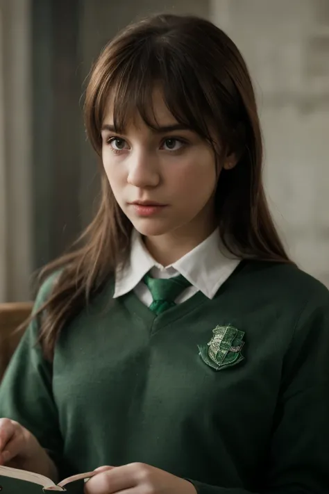 (GIRL , baby bangs, reading a book, Slytherin 
uniform, Harry Potter, conveying a sense of eerie realism, 4K