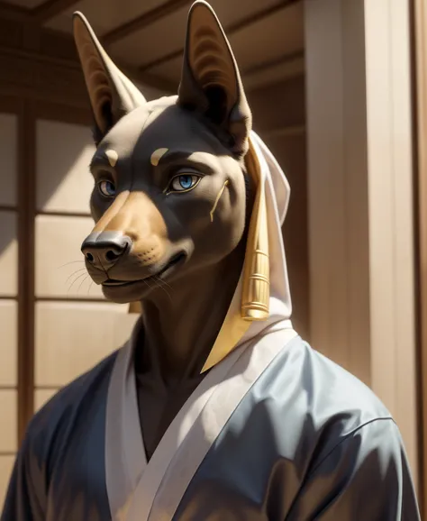 real e621, photorealistic, masterpiece, anubian jackal, smiling at viewer, wearing kimono, sharp blue eyes, looking at viewer