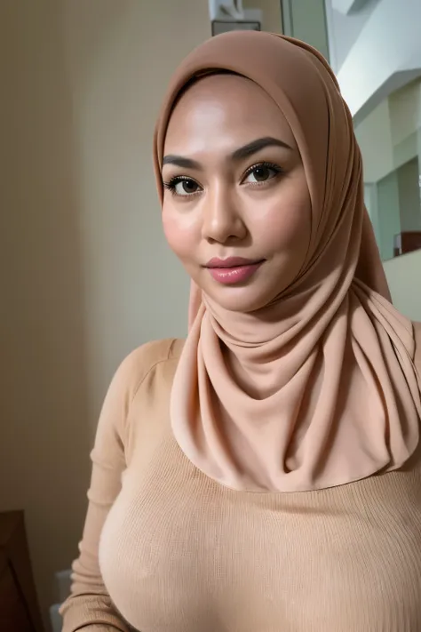 1 matured malay girl in brown hijab, naked upper body, thin lace panties, nsfw, bedroom, chubby body type, upper body, ((huge breast:1.1)), seducing, sexy pose, (8k, RAW photo, best quality, masterpiece:1.2), (realistic, photo-realistic:1.37), ((overexpose...