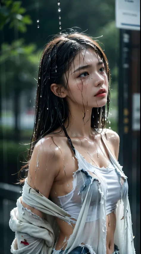 Best picture quality, masterpiece, ultra high resolution, (fidelity :1.4), photo, 1 girl,[(sadness)],white shirt, Dim, dark, desperate, pitying, pitiful, cinematic,tear,teardrop,(Torn clothes:1.5), (Wet clothes:1.4), bare shoulders,Real rain,wet hair,..