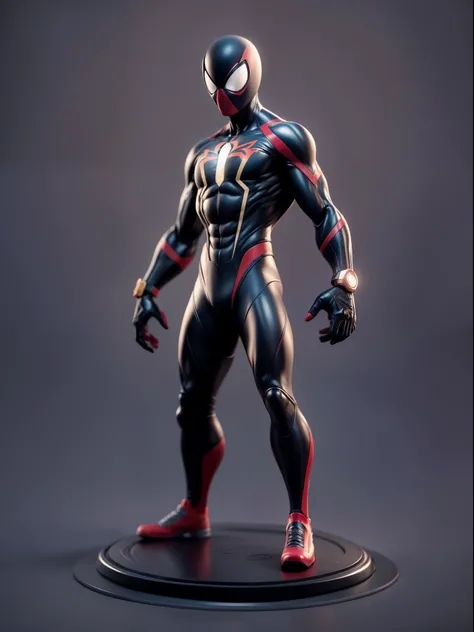 (Blind box toy style:1.3),((Full body shot)),(1 spiderman，solo）(((solo))),dreamy glow, plastic style， Clean black background, (circular base）( Global illumination, Ray tracing, hdr, unreal render,reasonable design, high detail, Masterpiece, Best quality, h...