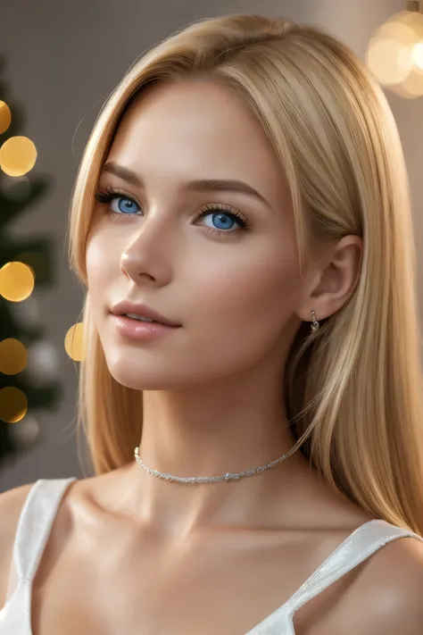 (best quality, highres:1.2), ultra-detailed, realistic:1.37,a girl with a body and face 20 year, beautiful detailed eyes, beautiful detailed lips, blond hair flowing down to her neck, in an office attire, waiting for me at home, celebrating Christmas with ...