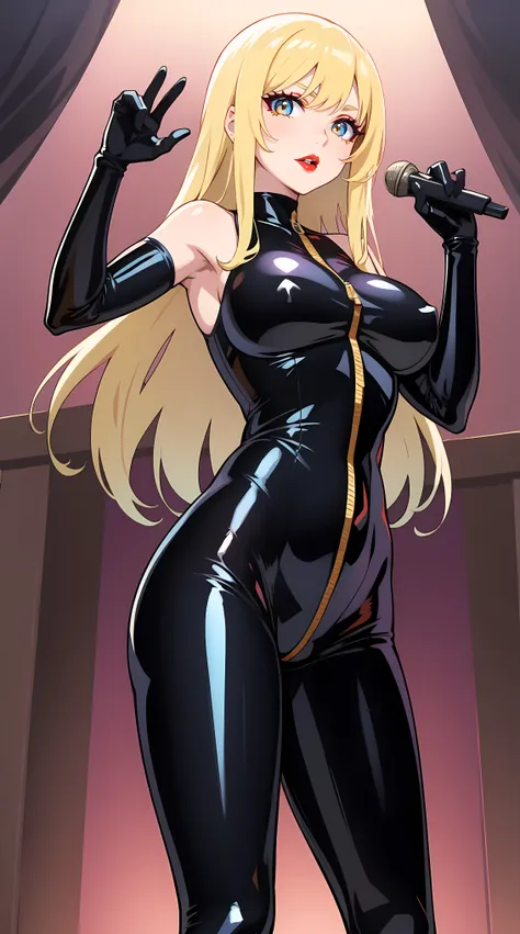 masterpiece art, anime, girl, solo, gorgeous body, gorgeous girl, beautiful character design, 8k, hd, perfectly painted, latex glossy bodysuit, zipped bodysuit, latex gloves, black latex, spreading legs, hands up, armpit, beautiful woman, mature woman, lon...