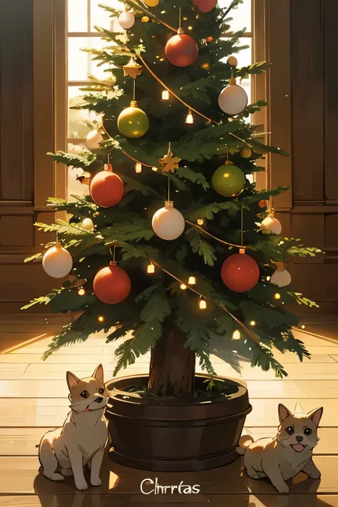 A Christmas tree,Very nice one,Then there is a label with the word puppy on it,style of anime