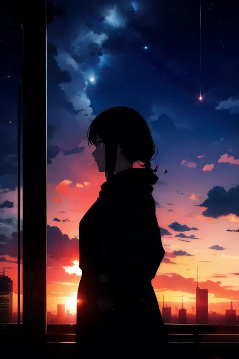 anime, (silhouette),1girl, star (sky), cloud, cityscape, building, city, outdoors, skyscraper, city lights, night, night sky, sunset, skyline