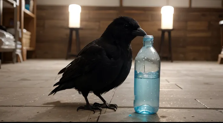 The little crow saw a water bottle