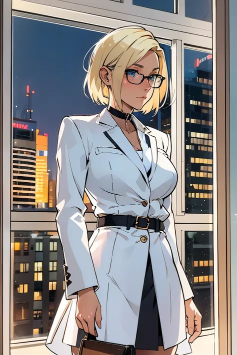 female, short straight blonde hair, blue eyes, white suit jacket, white skirt, long white high heel boots, black choker, no t shirt, medium boobs, glasses, blushing, in front of a window