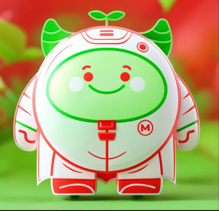 Blind box toy style，the body of the，Wearing a white spacesuit，redcloak，fleshy arms，Cute mascot，There are green leaves on the head，horns