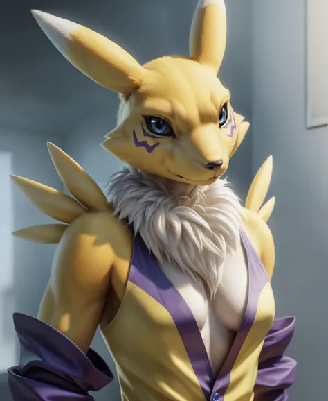 real e621, photorealistic, masterpiece, renamon_(digimon), looking at viewer, sharp blue eyes, full body portrait, purple sleeves,