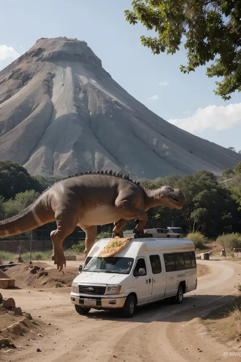 A taco cat being eaten by a taco dinosaur but the taco dinosaur is on a ufo and the ufo is hovering above a volcano