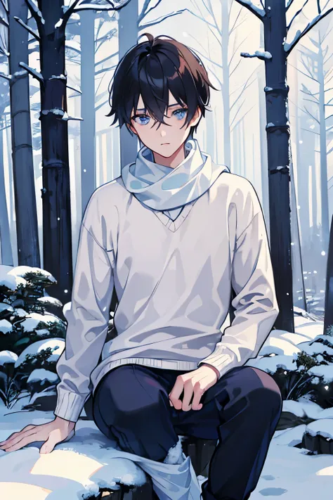 male people　A dark-haired　blue eyess　trainers　jumper　JINS　trouser　sockes　espadrilles　muffler　In the snowy forest　​masterpiece　Top image quality　denoise　Clear 　cinematic shadow　Increased attractiveness of the eyes　Clear the shine of the eyes　Draw eyelashes ...