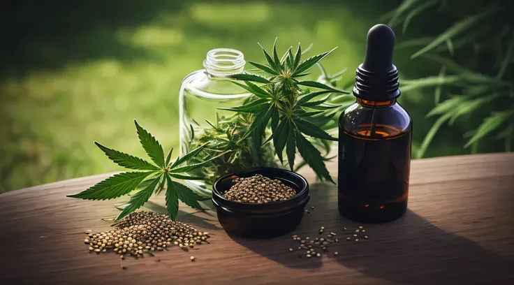 Close-up of a bottle of CBD oil next to the jar , , There are green leaves, hemp, seeds, botanicals, by Emma Andijewska, , 🤬 🤮 💕 🎀, abundant fruition seeds, Tetrahydrofolate, high quality material bssrdf, 4 2 0, 420, 🕹️ 😎 🚬