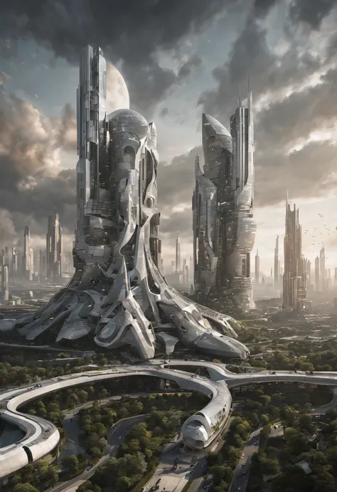 Imagine a futuristic cityscape on the moon, characterized by a striking palette of all white and gray shades. Envision the architectural marvels, with buildings taking on unique shapes such as spheres and domes. Picture these structures seamlessly blending...