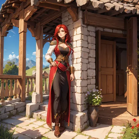 Full body portrait of Ileosa Arabasti from the Pathfinder Roleplaying Game, flowing mid-length red hair, wearing commoner clothes with boots, on the porch of a country house, serene expression, looking at the horizon, solo character