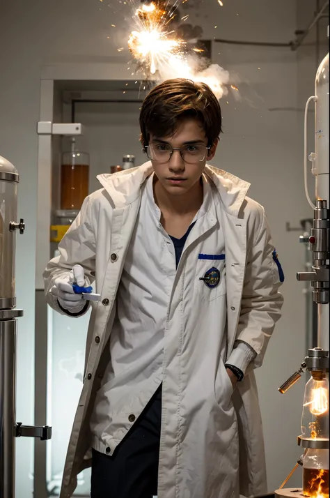 A skinny teenage boy in a white coat and glasses conducts experiments in the laboratory, explosions, fire