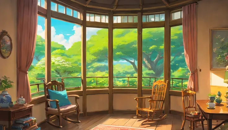 realisticlying, For real, beautiful and amazing landscape oil painting, room for the elderly, Next to the window,rocking chair, Tea and reading glasses were placed on the table.