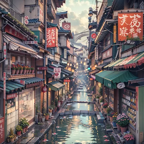 anime backgrounds, empty, A modern Japanese city street by the river. Japanese cartoons, Japanese cartoons style. barrel, flower pots, dSateens, Vents, Air circulation, gutter, pipelines, electrical wires, Japanese large store sign, Vintage Japanese shop w...