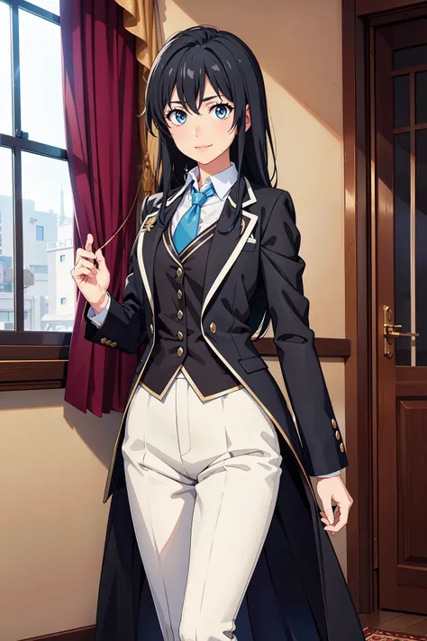 yukinoshita yukino ,woman in formal attractive tailcoat standing in a large alcove in the room , 1girl, solo, blue necktie, blac...