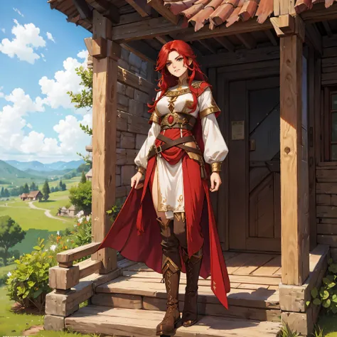 Full body portrait of Ileosa Arabasti from the Pathfinder Roleplaying Game, flowing mid-length red hair, wearing commoner clothes with boots, on the porch of a country house, serene expression, looking at the horizon, solo character