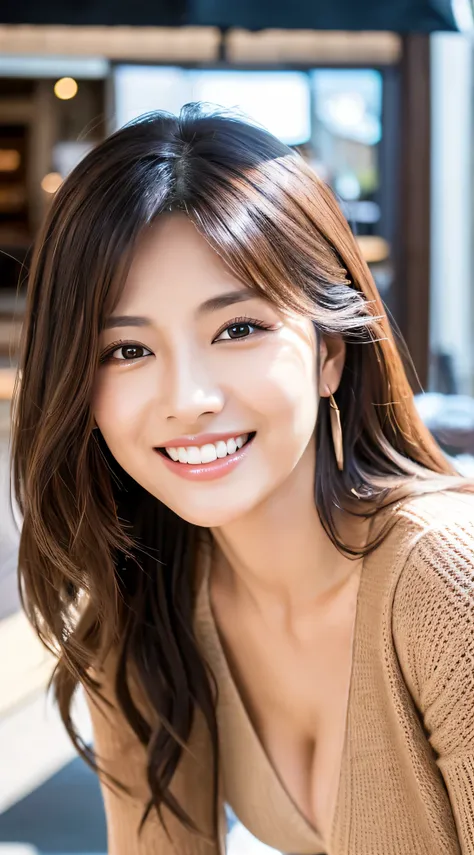 Highest resolution, 4K, Masterpiece: 1.3), A Japanese milf, photo of one lady, Sexy: 1.1, fine eyes, Slender figure, Realistic teeth, smile, double eyelids, full body, best quality, detailed, beauty, at the cafe