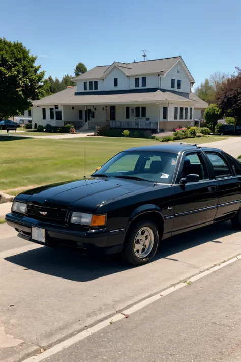 A photo of a 1990s black Ford Crown Victoria parked in front of a classic white two-story family home in the American neighborhood, car view perspective, the car is closed to the camera, full house are shown in the photo