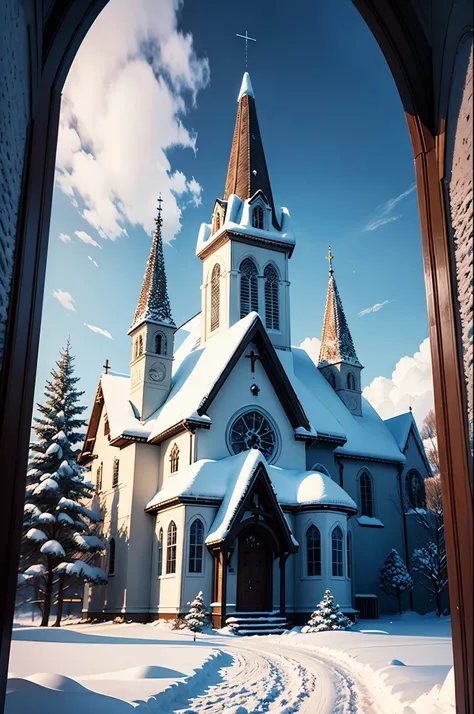 Winter wonderland, snowfall, sky, church