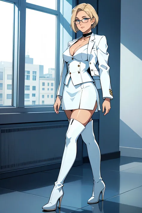 female, short straight blonde hair, blue eyes, white suit jacket, white skirt, long white high heel boots, black choker, no t shirt, medium boobs, glasses, blushing, in front of a window