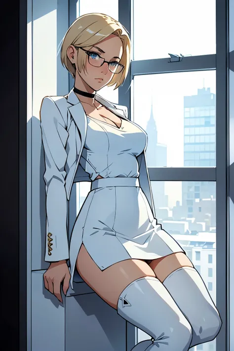 female, short straight blonde hair, blue eyes, white suit jacket, white skirt, long white high heel boots, black choker, no t shirt, medium boobs, glasses, blushing, in front of a window