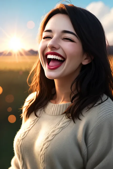 masterpiece, top quality, ultra detailliert, high resolution illustrations, ultra high definition CG, 8k size wallpaper, offcial art, production art, skin quality improvement, a woman, sweater on, upper body, (huge Laughing:1.4), (open mouth:1.2), (wide op...