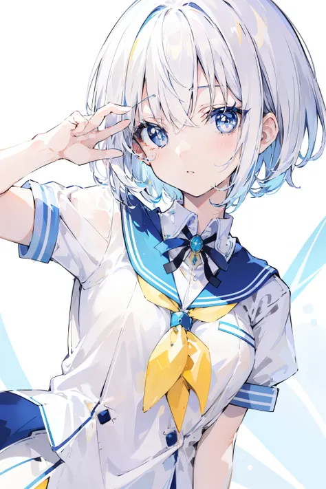 Relatively relaxed background,Short hair that reaches the neck in creamy white,Blue pupils,Two semicircular necklaces with yellow edges and milky breath,Wear the magical school student uniform that combines white and blue,She is a beautiful high school gir...