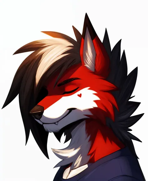 anthropomorphic, male, midnight lycanroc, red eyes, detailed eyes, fluffy, relaxed, eyes closed, headshot, sticker, white backgr...