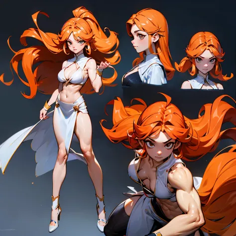 Full body, up view, fighting pose, muscular female fitness,Dinamic pose, Character design sheet, pale skin, average breasts uncover (muscular)) curly hair, very long hair, sideless clothes, costume, belly uncover, uncover top, scars on face, cleavage breas...